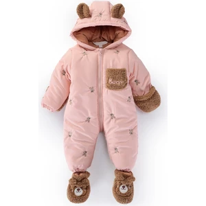 Podium Giyim Yeni Bebek Sevimli Ayı Figürlü Kışlık Kürklü Patik-Eldivenli Kapüşonlu Kozmonot-Astronot Tulum