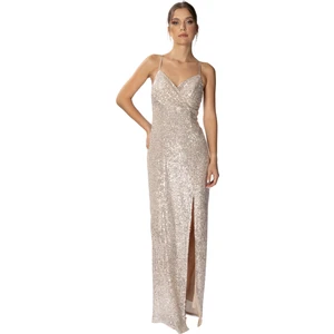 Monica | Payetli İnce Askılı Uzun Abiye Elbise Kruvaze Yaka Önden Yırtmaç - Bej