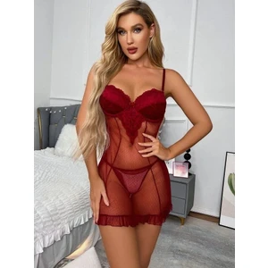 My Cherie Dantel ve Transparan Puantiye Tül Detaylı Askılı Mini Gecelik Külot Takım