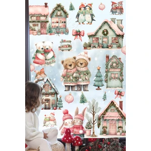 Mahallede Kış Sevinci Sevimli Hayvanlar ve Karlı Evler Yılbaşı Sticker Süsü Yeni Yıl Kış Konsepti