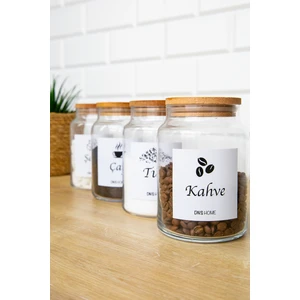 DNS Home 4'lü Ahşap Vakum Kapaklı Türkçe Etiketli Çay Şeker Kahve Tuz Saklama Kabı Cam Kavanoz 800 ml