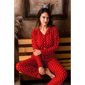 Kışlık Düğmeli Ekose Desen Yılbaşı Temalı Kadın Süet Pijama Takımı