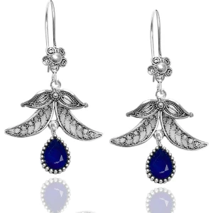 Midyat Nurtaş Gümüş Safir Taşlı Oksitli Telkari Gümüş Bayan Küpe 201011277