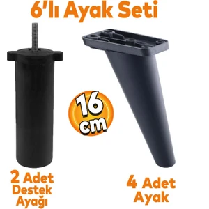Regnum 6'lı Set Mobilya Tv Ünitesi Çekyat Koltuk Kanepe Destek Ayağı 16 cm Siyah Ayak M8 Civatalı