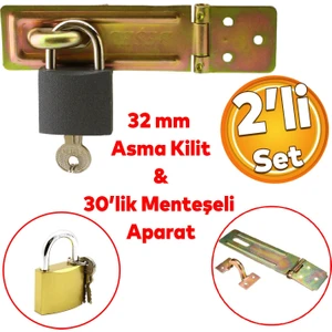 Sandık Kutu Askısı 30 Luk Menteşeli Kilit Aparatı Tosba Kilit 32 mm Asma Kilit 2'li Set