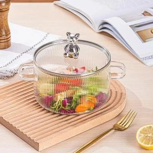 Senin Dükkanın Borosilikat Cam Metal Çerçeveli Cam Kapaklı 1700 ml Cam Tencere Ayıcık Temalı