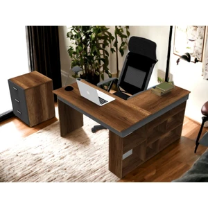 Robin Home Boston Kitaplık Raflı L Ofis Çalışma Masası ve Keson Etajer 3 Çekmeceli Barok-Antrasit