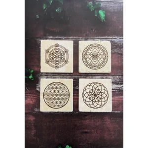 Lotus, Sri Yantra, Yaşam Çiçeği, Metatron Doğal Taş Traverten Bardak Altlığı 4 Lü Set