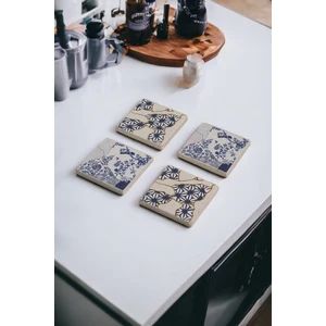 Kintsugi Sanatı, Kintsukuroi Art Temalı Doğal Taş Traverten Bardak Altlığı 4 Lü Set