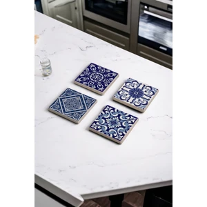 Mavi Tile Desen Doğal Taş Traverten Bardak Altlığı 4 Lü Set