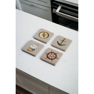 Denizcilik, Yelkenli ve Çapa Temalı Doğal Taş Traverten Bardak Altlığı 4 Lü Set