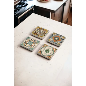 Yeşil Tile Desen Temalı Doğal Taş Traverten Bardak Altlığı 4 Lü Set