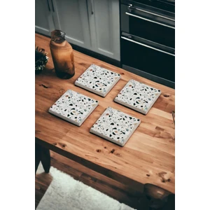 Beyaz Terrazzo Doğal Taş Bardak Altlığı ve Banyo Gider Kapağı 4 Lü Set