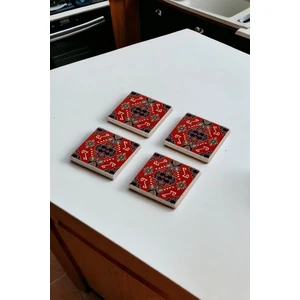 Kırmızı Tile Motif Doğal Taş Traverten Bardak Altlığı 4 Lü Set