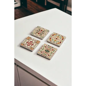 Mandala Motif Temalı Doğal Taş Traverten Bardak Altlığı 4 Lü Set