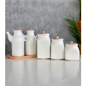 PEMBELİA LİFE 2’li Set 6 Parça Bambu Standlı Çizgili Porselen 1000ML Yağdanlık ve 3’lu Kavanoz Saklama Seti