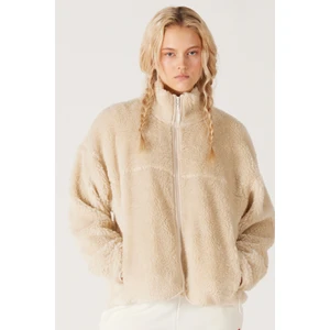 Oversize Fit Geniş Kesim Dik Yaka Tam Fermuarlı Ekru Sherpa Ceket