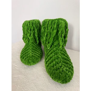 Merut Style El Örgüsü Kadife Yeşil Püsküllü Ev Botu Panduf