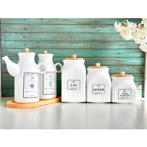 PEMBELİA LİFE 6 Parça Bambu Standlı Porselen 1000ML Yağdanlık ve 3'lu Çay Şeker Türk Kahve Kavanoz Seti Yağlık Set