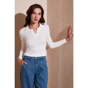 Dar Kesim Bürümcük Kumaş Fitilli Polo Yaka Bluz Kadın Bluz 5865448