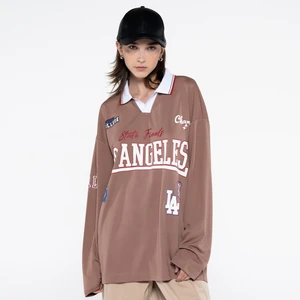 Friday Offset Garcia Kadın Kahverengi Polo Yaka Uzun Kollu Ekstra Oversize Tişört