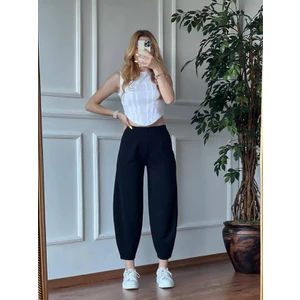 Kadın Siyah Balon Pantolon Full Likralı Beli Lastikli Günlük Trend