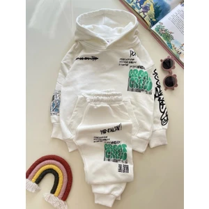 Lolli Boom Kids  Unisex Çocuk Beyaz Renk Alt Üst Eşofman Takımı Graffiti Baskı Desen