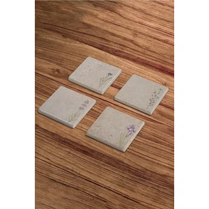 Minimal Çiçek Tasarımlı Doğal Taş Traverten Bardak Altlığı 4 Lü Set