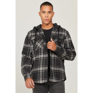 Loose Fit Rahat Kesim Kapüşonlu Şardonlu Siyah Uzun Kollu Gömlek