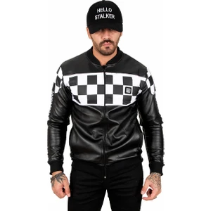 Siyah-Beyaz Dama Desenli Fermuarlı Deri Mont 2100182