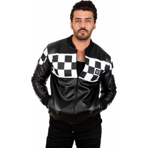 DeepSEA Siyah-Beyaz Dar Kesim Dama Desenli Kolej Yaka Erkek Suni Deri Mont / Ceket 2100182