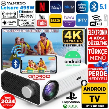 Vankyo Leisure 495W Android 4K Destekli 5g Wi-Fi + Bluetooth LCD LED Projeksiyon Cihazı - 220 Inç