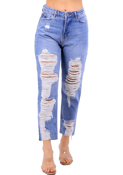 Yüksek Belli Astarsız Cepli Boyfriend Kadın Kot Pantolon Jean fırsatları
