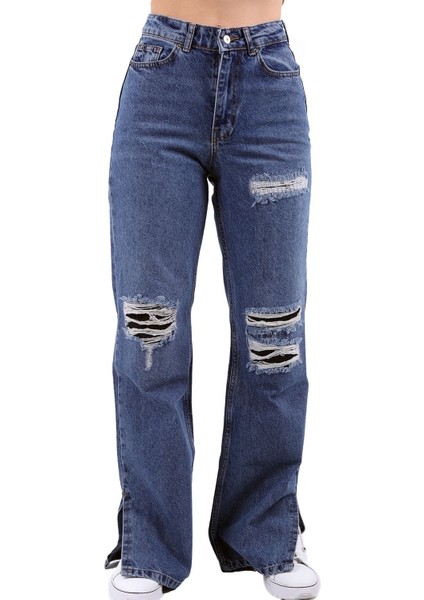 Geniş Paçalı Yırtmaçlı Kadın Kot Pantolon Jean