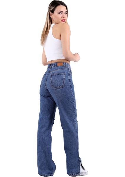 Geniş Paçalı Yırtmaçlı Kadın Kot Pantolon Jean fırsatları