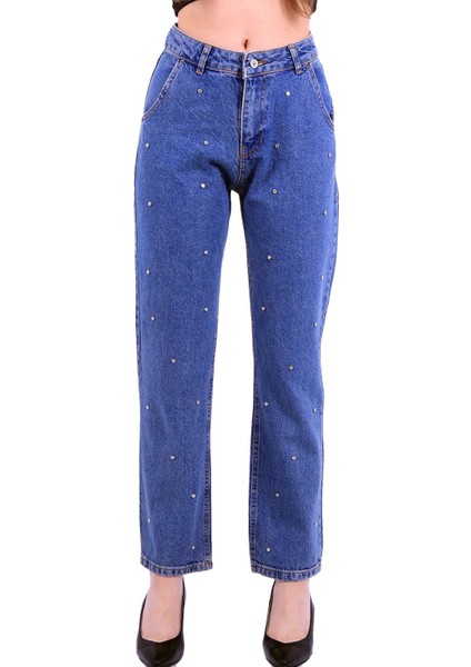 Önü Dekoratif Taşlı Yüksek Belli Cepli Mom Fit Kadın Kot Pantolon Jean Durulanmış Mavi Dört Mevsim