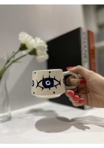 Göz Desenli El Yapımı Seramik Kupa Bardak Mug