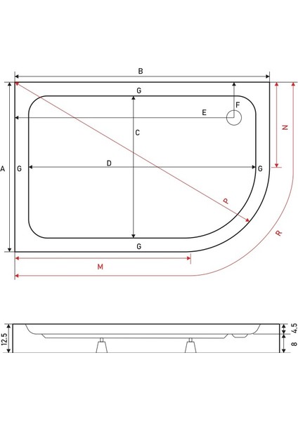 Oval Asimetrik Monoblok Duş Teknesi 70*100