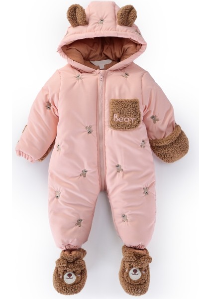 Yeni Bebek Sevimli Ayı Figürlü Kışlık Kürklü Patik-Eldivenli Kapüşonlu Kozmonot-Astronot Tulum