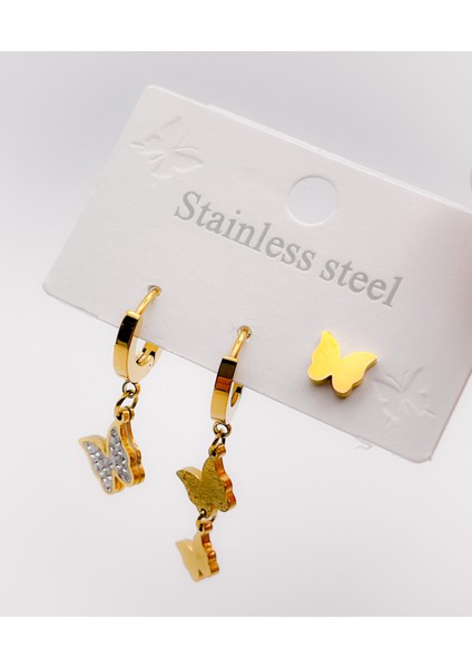 Çelik Küpe Üçlü 3'lü Küpe Kelebek Küpe Renk Gold