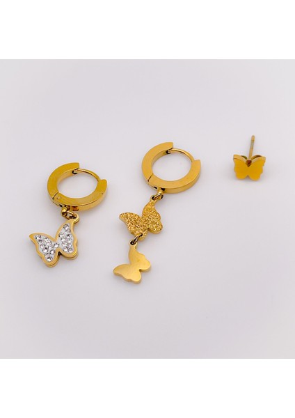 Çelik Küpe Üçlü 3'lü Küpe Kelebek Küpe Renk Gold fiyatları
