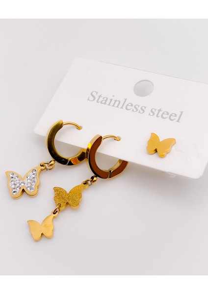 Çelik Küpe Üçlü 3'lü Küpe Kelebek Küpe Renk Gold modelleri
