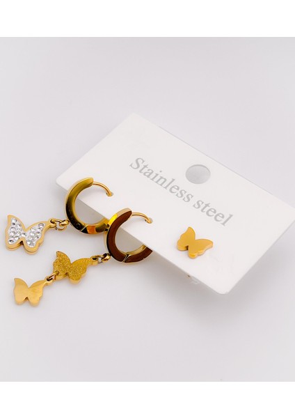 Çelik Küpe Üçlü 3'lü Küpe Kelebek Küpe Renk Gold fırsatları