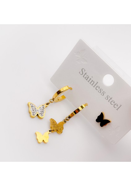 Çelik Küpe Üçlü 3'lü Küpe Kelebek Küpe Renk Gold indirimleri