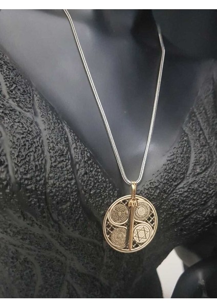 Unisex Kılıç Figürlü V 5 Dua Yazılı Hz.süleyman Mühürlü Gümüş Dönen Madalyon Kolye
