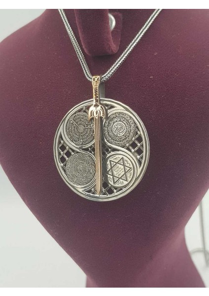 Unisex Kılıç Figürlü V 5 Dua Yazılı Hz.süleyman Mühürlü Gümüş Dönen Madalyon Kolye fırsatları