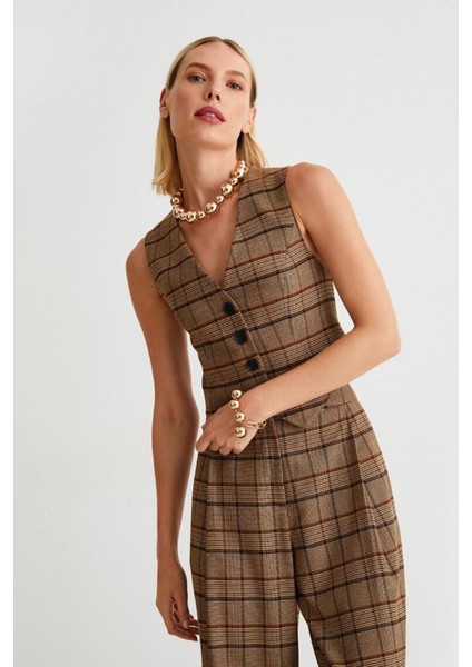 Kadın Ekoseli V Yaka Düğme Detaylı Kahverengi Yelek 4WAK20034UW fiyatları