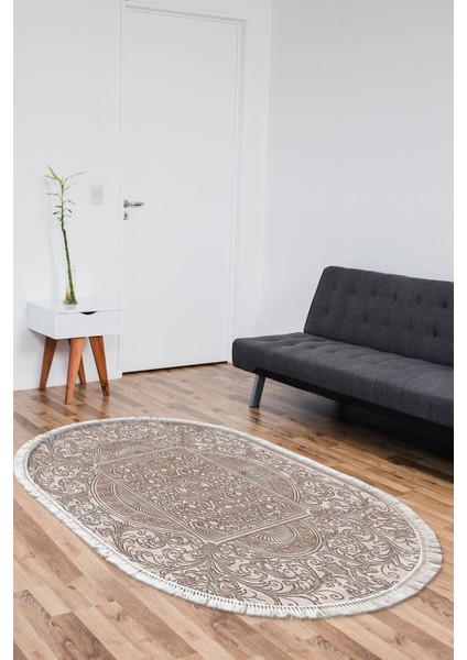 Dijital Salon Halısı Yıldız Deri Kaymaz Taban Saçaklı Oval Modern Katrina Kahve
