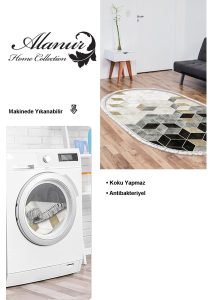 Dijital Salon Halısı Trend Keçe Kaymaz Taban Saçaklı Oval Iskandinav Stephania Krem
