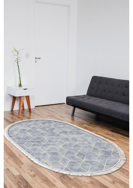 Dijital Salon Halısı Yıldız Deri Kaymaz Taban Saçaklı Oval Modern Hope Mavi